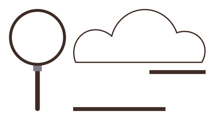 Magnifying glass beside a cloud, connected lines. Ideal for data analysis, cloud computing, research, storage, web search, exploration focus. Simple flat metaphor
