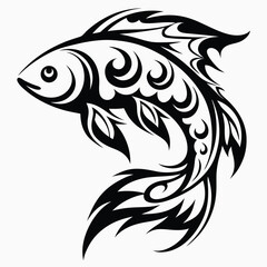 Ornamental fish swims upward gracefully with stylized fins and tail in black monochrome