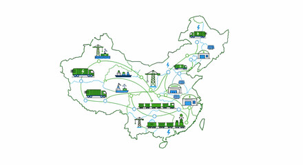 Visualizing China's vast energy infrastructure and interconnected power grid network with various industrial icons