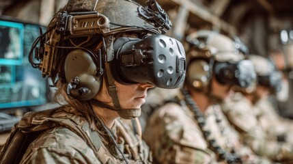 Military personnel engage in virtual reality training session in a command center environment during daytime hours