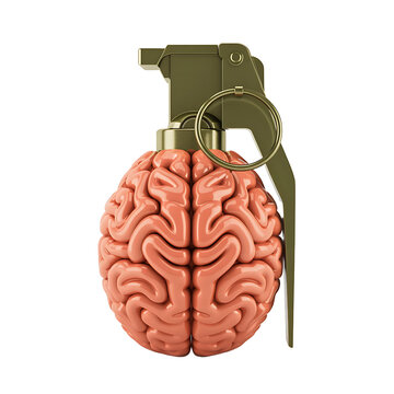 Conceptual image of a hand grenade with a human brain replacing the explosive body isolated on transparent background