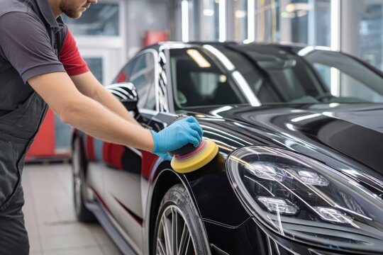 car detailing: a worker using a hand sander to smooth the car's bodywork in an automotive shop. cars are being detailed and polished by a detailer while waiting for service at a luxury car workshop.