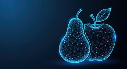 Obraz na płótnie Canvas Digital wireframe pear and apple glowing on dark blue background