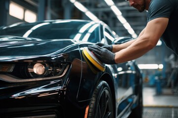 car detailing: a worker using a hand sander to smooth the car's bodywork in an automotive shop. cars are being detailed and polished by a detailer while waiting for service at a luxury car workshop.