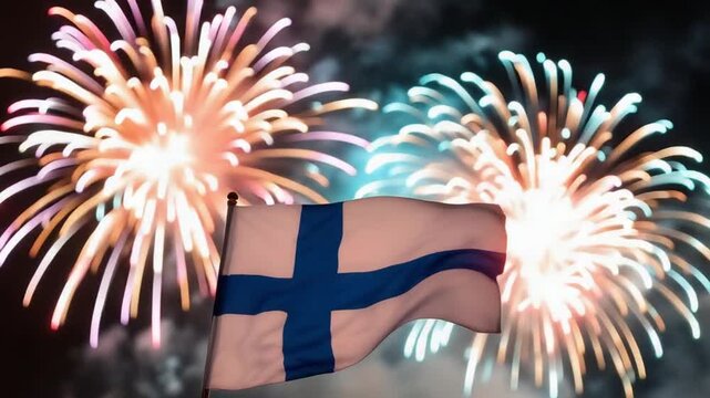 Finnish Flag Waving Against Festive Fireworks Display 3.