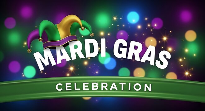 Mardi gras celebration with colorful bokeh lights, jester hat, and festive text, vibrant party atmosphere