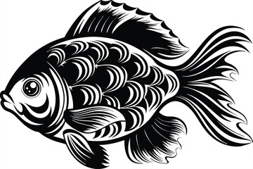 Ornamental goldfish displays intricate monochrome pattern featuring swirling line and graceful fin details prominently