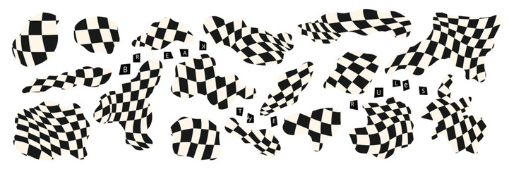 Set of distorted abstract black and white checker shape elements