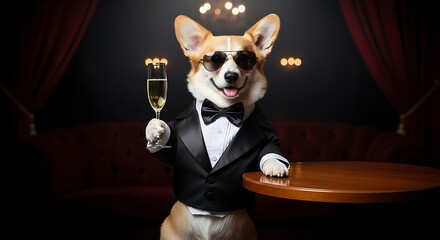 Dressed up corgi dog in tuxedo holding champagne glass at table