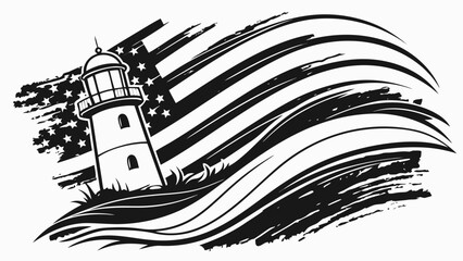 Fototapeta premium Lighthouse and american flag illustration with wavy stripes