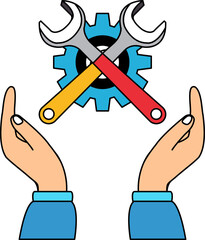 A pair of hands holding a wrench and a gear