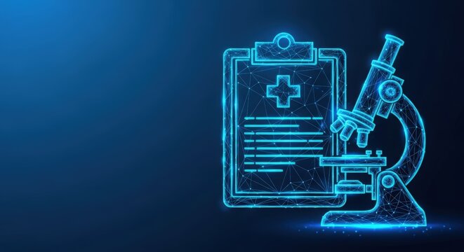 Medical clipboard and microscope reveal healthcare science