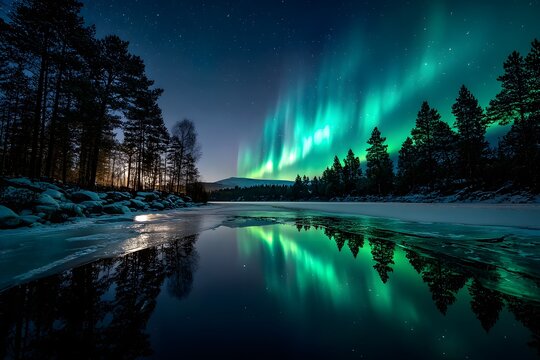 Leuchtende Nordlichter &uuml;ber vereistem Fluss und Winterlandschaft
