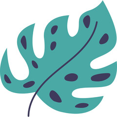Naklejka premium Teal Monstera Leaf With Dark Purple Spots Against A Transparent Background Simple Tropical Plant Vector Illustration
