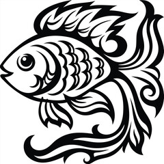 Ornamental monochrome depiction displays the stylized fish with elaborate fins and flowing tail