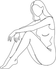 Minimalist line art drawing of a woman sitting with her legs crossed