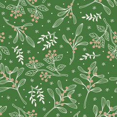 Seamless Wintery Christmas Greenery On Green Background