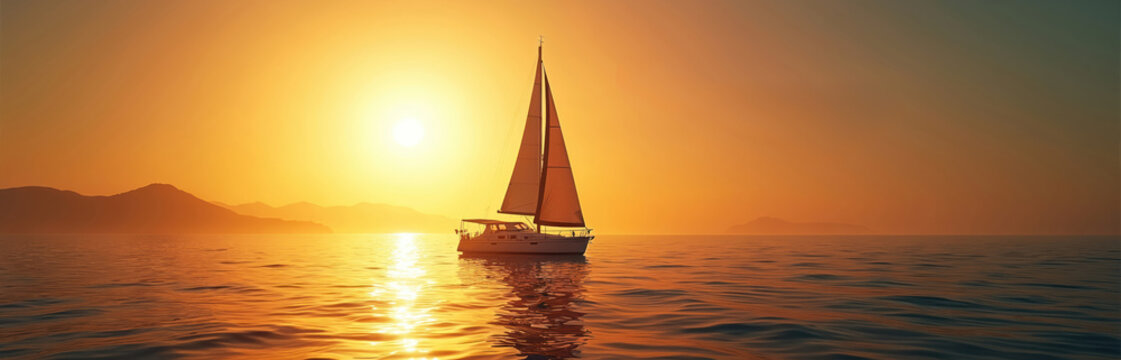 White sailboat cruises peacefully calm sea water, golden sunset light. Bright sun reflects ocean surface, creating beautiful shimmering glow. Distant mountains silhouette warm sky. Scene captures - Powered by Adobe