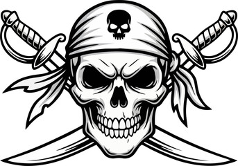 Black and White Pirate Skull with Swords Vector Illustration