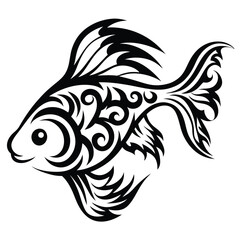 Ornate black and white illustration showcases a stylized goldfish with tribal tattoo patterns