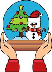 A pair of hands holding a snowman in a snow globe