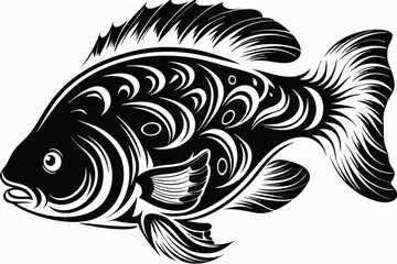 Ornate black and white silhouette shows a detailed freshwater fish, creatively styled for impact