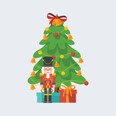 Vector illustration of a traditional nutcracker soldier guarding gifts under a festive Christmas tree, ideal for holiday e-commerce and digital greetings