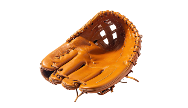 Worn leather baseball glove against a stark black background