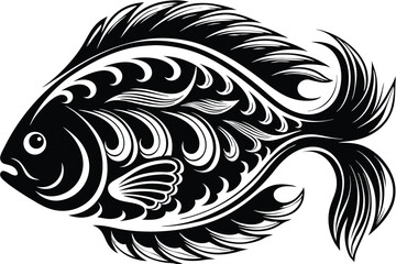 Ornate black fish features elegant swirls, flowing lines, and captivating aquatic animal details