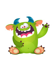 Fototapeta premium A green cartoon monster with blue horns and a wide open mouth sits on a plain white background, looking playful and friendly.