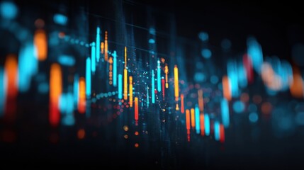 Visual representation of stock market trends showing colorful candlestick patterns with varying heights and colors in a dark setting