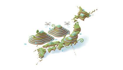 Isometric Map of Japan with Terraced Fields and Drone View