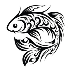 Ornate black fish shape displays elaborate swirling lines and intricate tribal patterns
