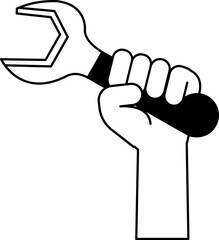 black and white illustration of A hand holding a wrench