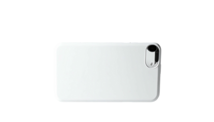 Simple white phone case on black background, camera cutout
