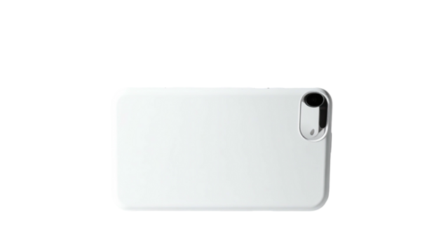 Simple white phone case on black background, camera cutout