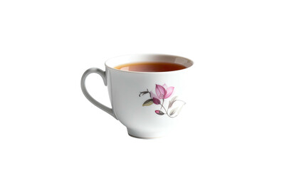 Obraz premium Tea-filled cup shows flower design on black backdrop