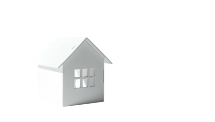 Small, white, stylized house with window, isolated on black