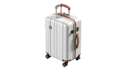 White ridged suitcase with brown accents, on wheels