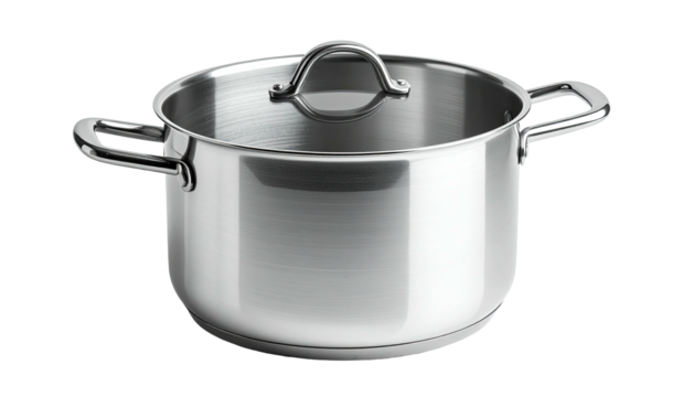 Shiny stainless steel cooking pot with lid on, handles shown