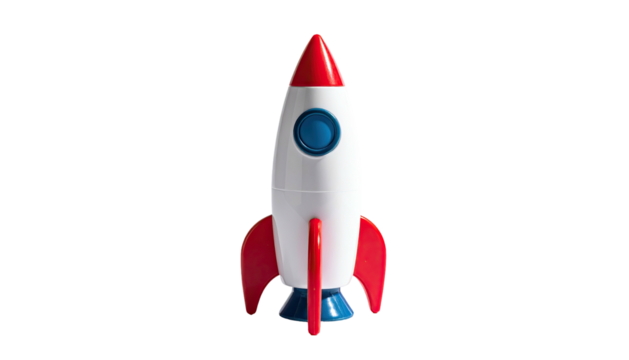 Simple toy rocket with red accents against a stark black background