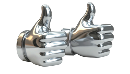 Two metallic chrome thumbs-up gestures against a transparent background
