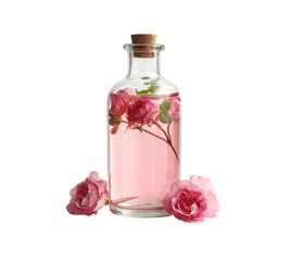 rose water in glass bottle with roses on white background.