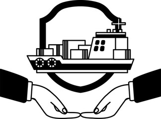 black and white illustration of two hands holding a cargo ship in front of the shield