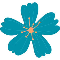 Teal Five Petal Flower With Orange Center And Orange Stamen On Transparent Background