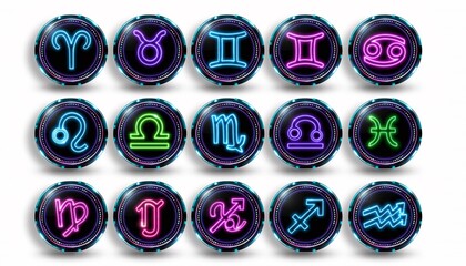 Vibrant Neon Zodiac Emblems Isolated on White