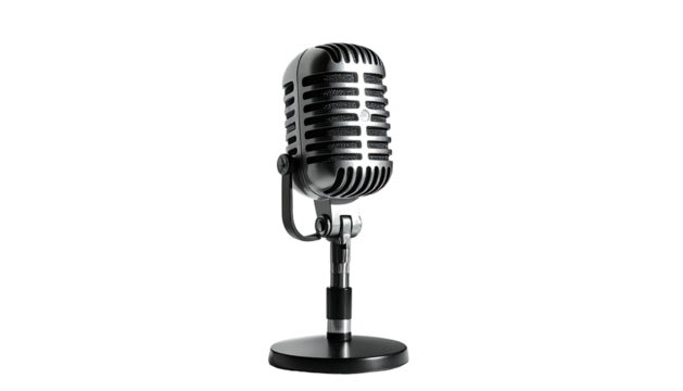 Chrome vintage microphone on stand, centered, black background