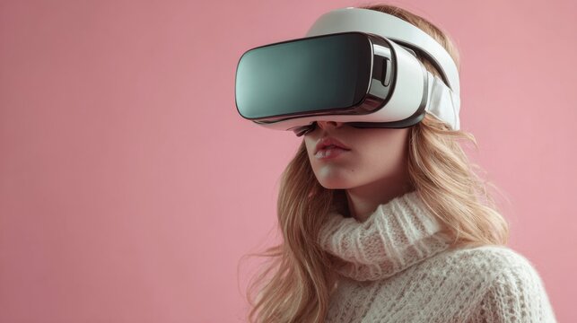 Young woman exploring virtual reality technology while wearing VR headset in a cozy setting with pink background during a quiet afternoon