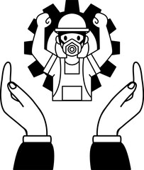 black and white illustration of two hand holding a Labor in front of gear