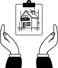black and white illustration of two holding a blueprint